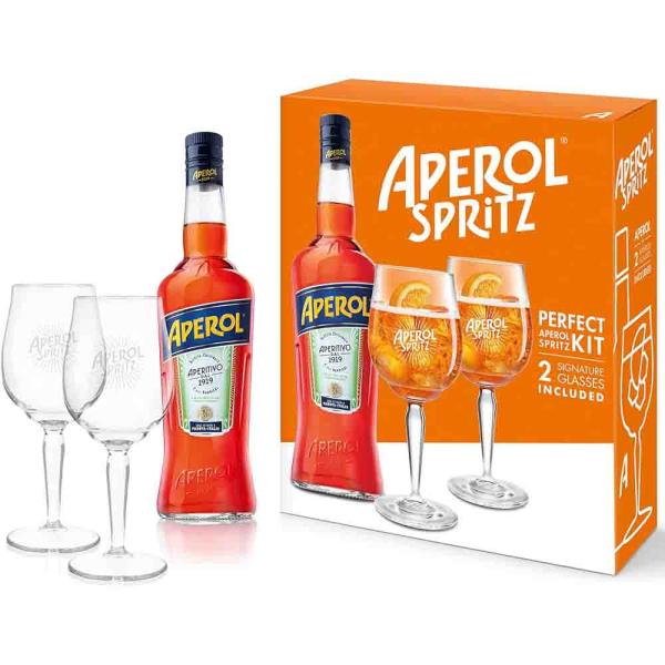 Aperol Aperitivo Geschenkset - 1 x 0,7 l 11% vol. - Aperol im Set mit 2 Gläsern