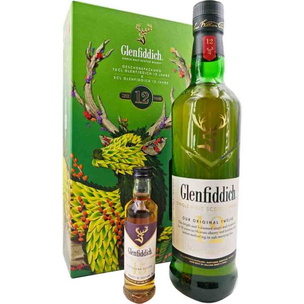Glenfiddich 12 Jahre Geschenkset mit 15 Jahre Miniatur 40% Vol. 0,75 Ltr. Whisky