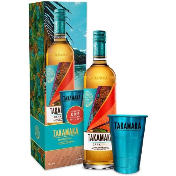 Takamaka Dark Spiced Premium Rum mit Beach Cup 0,70 Ltr. Flasche, 38 % vol. in Geschenkpackung