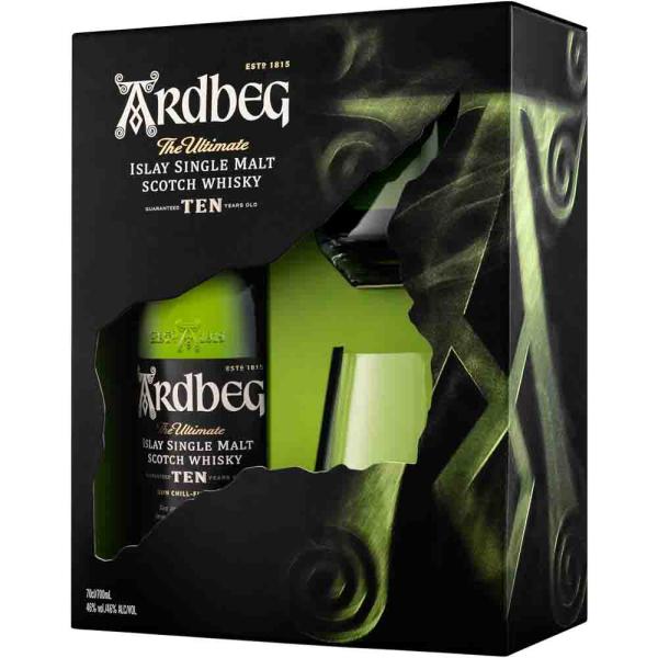 Ardbeg 10 Islay Single Malt Whisky mit 2 Gläsern 0,70 Ltr. Flasche 46% Vol.